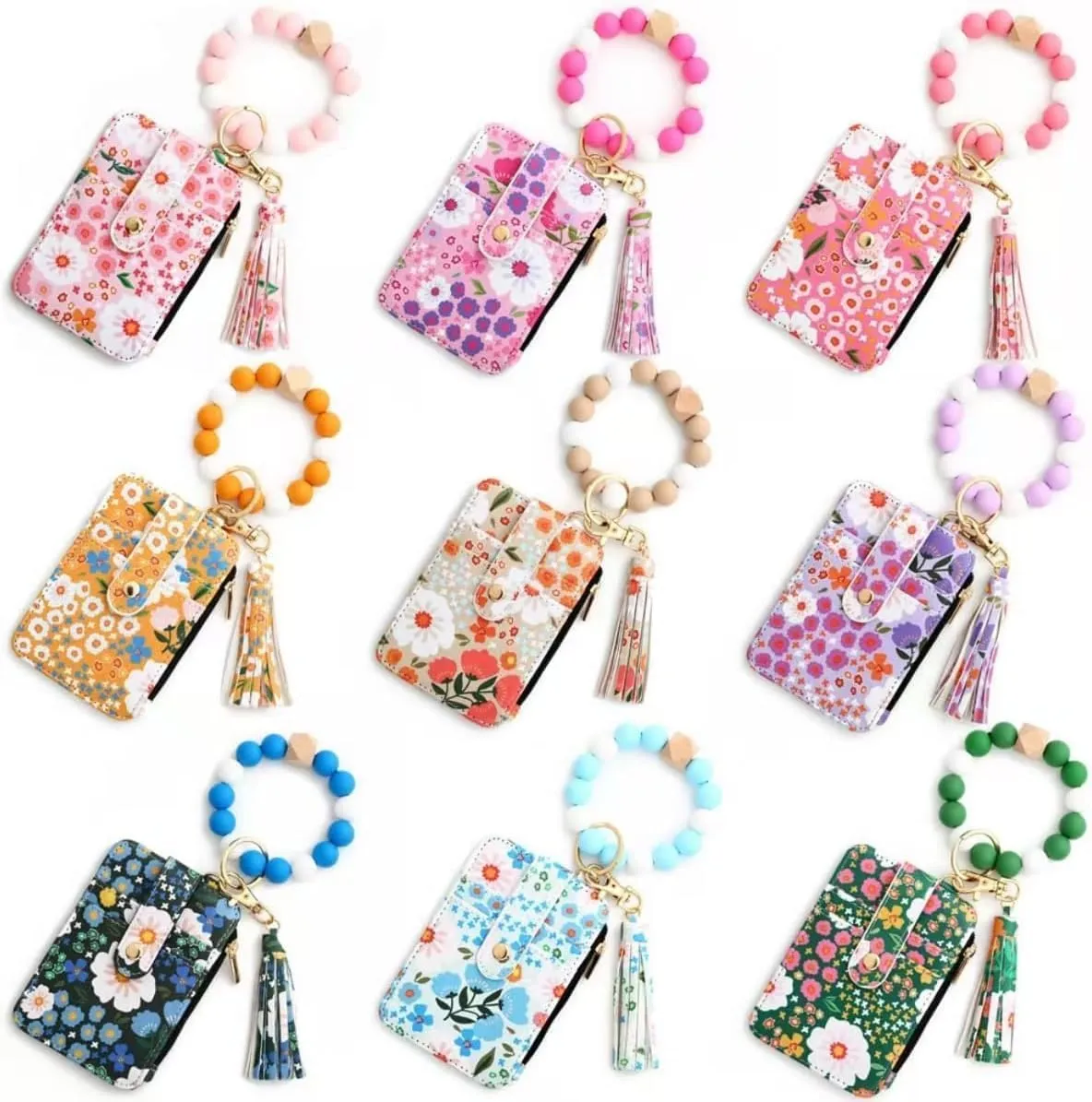 Wristlet Wallet, Women's Style Beaded & Tassel Charms Keychain with Flower Pattern Wallet, Fashion Wristband Accessories (Khaki)