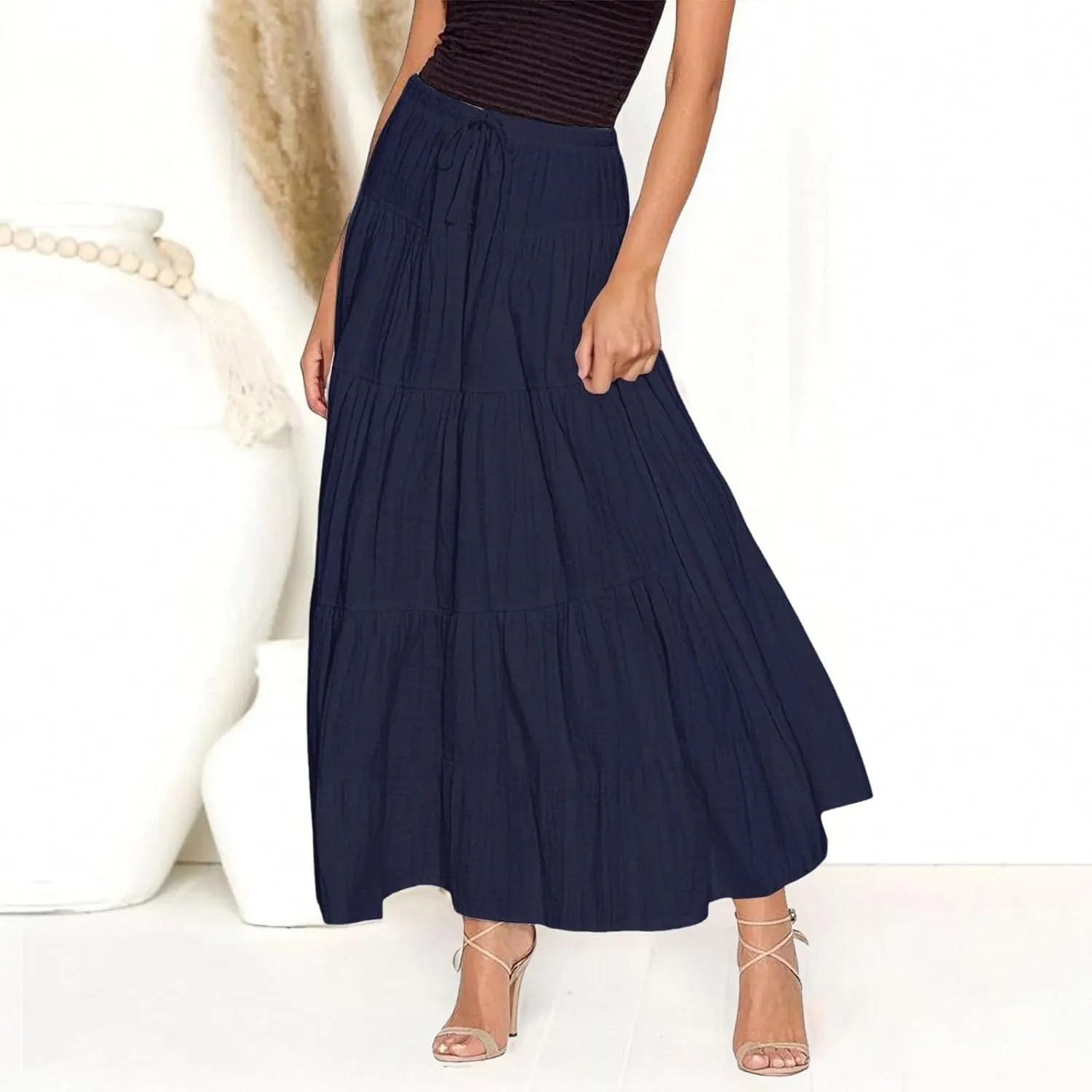 XOWRTE Women's Flowy Flared Ruffle Boho Long Skirt Summer Maxi Skirt A-Line Fashion Trendy Elastic Waist Pleated Beach Dress