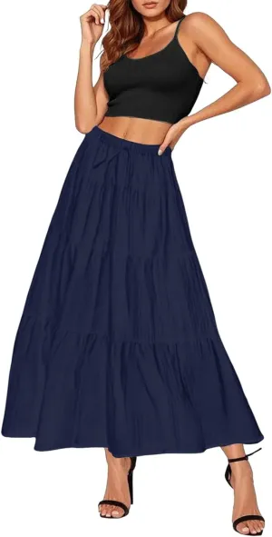 XOWRTE Women's Flowy Flared Ruffle Boho Long Skirt Summer Maxi Skirt A-Line Fashion Trendy Elastic Waist Pleated Beach Dress