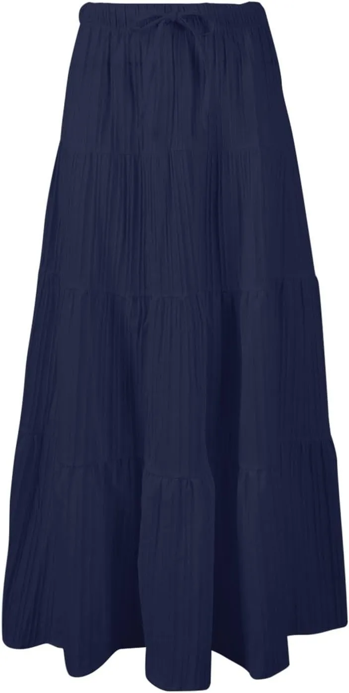 XOWRTE Women's Flowy Flared Ruffle Boho Long Skirt Summer Maxi Skirt A-Line Fashion Trendy Elastic Waist Pleated Beach Dress