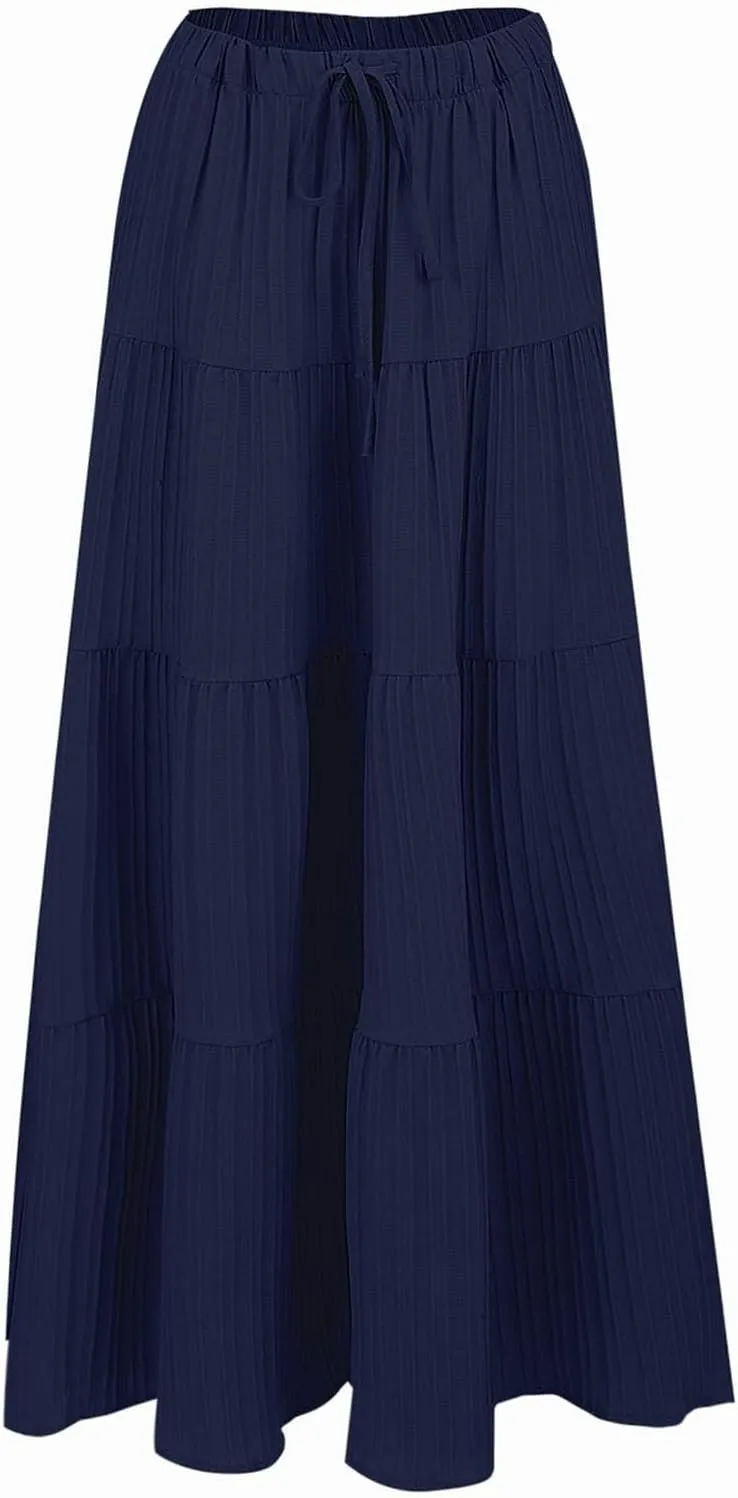 XOWRTE Women's Flowy Flared Ruffle Boho Long Skirt Summer Maxi Skirt A-Line Fashion Trendy Elastic Waist Pleated Beach Dress