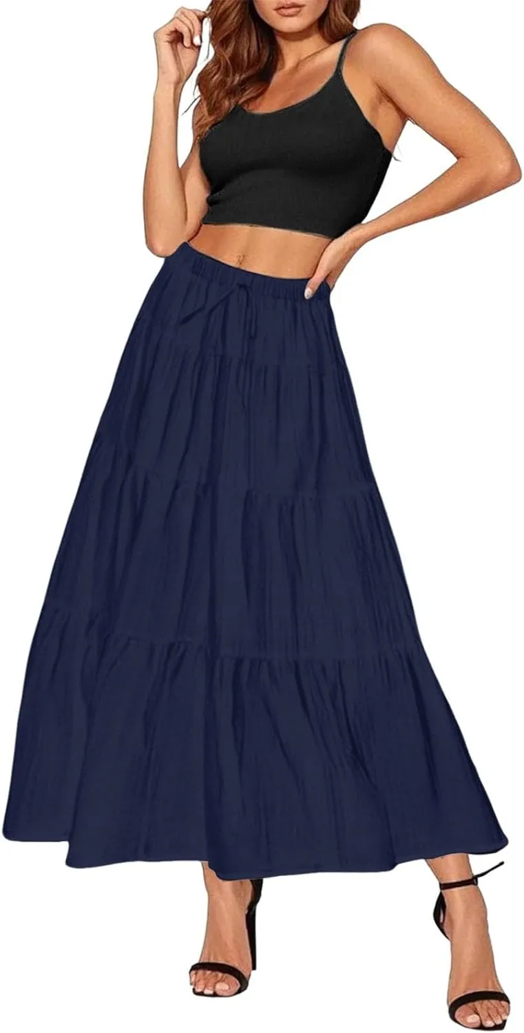XOWRTE Women's Flowy Flared Ruffle Boho Long Skirt Summer Maxi Skirt A-Line Fashion Trendy Elastic Waist Pleated Beach Dress