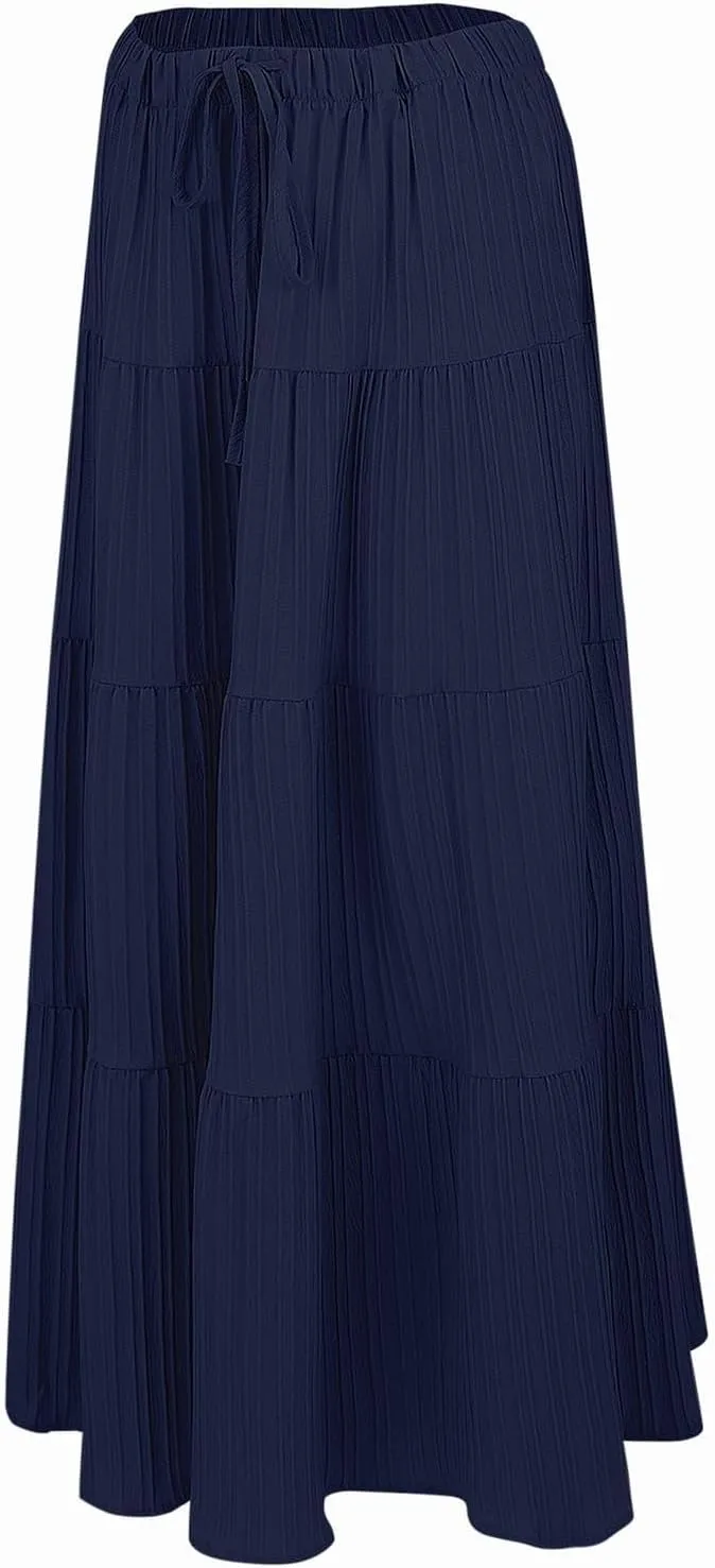 XOWRTE Women's Flowy Flared Ruffle Boho Long Skirt Summer Maxi Skirt A-Line Fashion Trendy Elastic Waist Pleated Beach Dress
