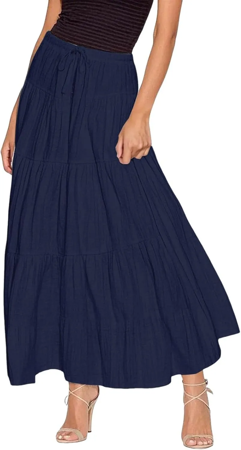 XOWRTE Women's Flowy Flared Ruffle Boho Long Skirt Summer Maxi Skirt A-Line Fashion Trendy Elastic Waist Pleated Beach Dress