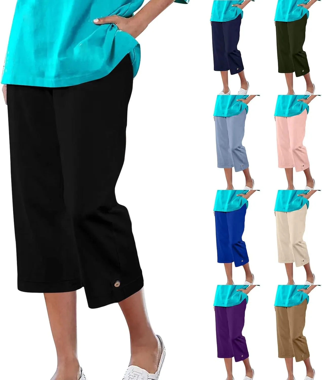 yardsong Capri Pants for Women Cotton Linen Summer Straight Wide Leg Capris Elastic Waist Cropped Trousers with Pockets