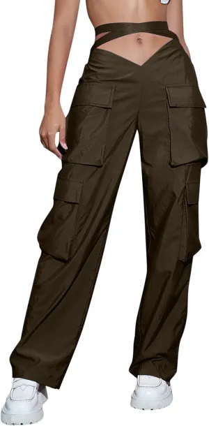 YOLAI Woman V Crosseed Baggy Cargo Pant Streetwear Hip Hop Overalls Trousers High Waist Joggers Sweatpants with Pockets (Brown, S)