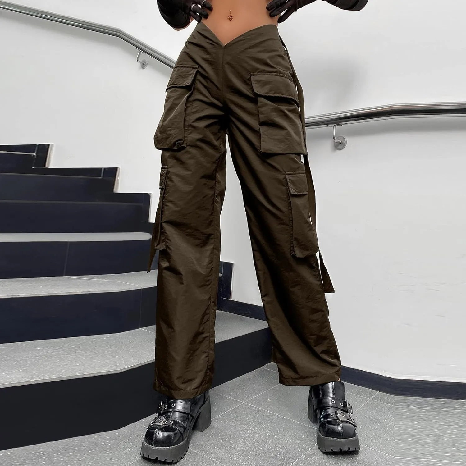 YOLAI Woman V Crosseed Baggy Cargo Pant Streetwear Hip Hop Overalls Trousers High Waist Joggers Sweatpants with Pockets (Brown, S)