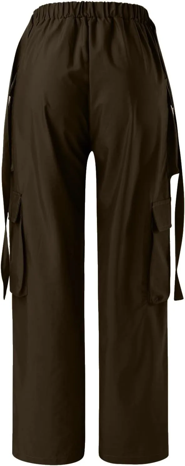 YOLAI Woman V Crosseed Baggy Cargo Pant Streetwear Hip Hop Overalls Trousers High Waist Joggers Sweatpants with Pockets (Brown, S)