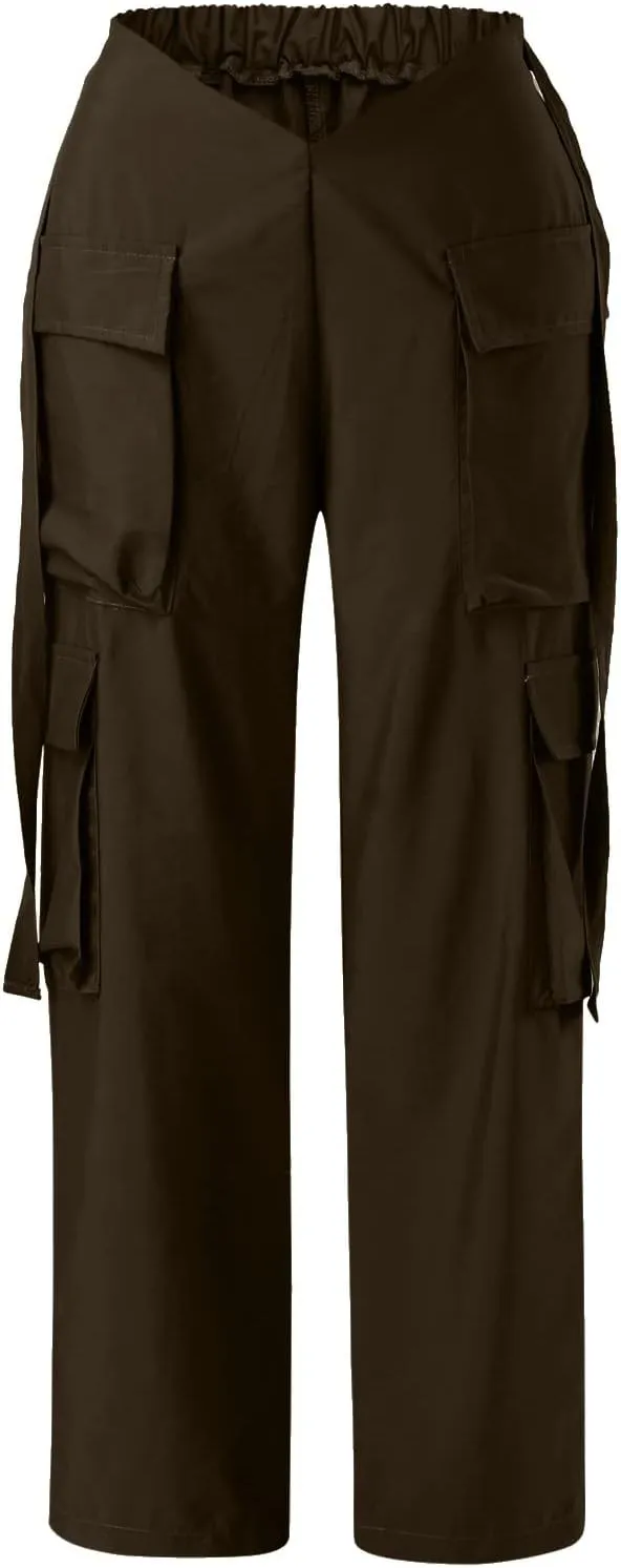 YOLAI Woman V Crosseed Baggy Cargo Pant Streetwear Hip Hop Overalls Trousers High Waist Joggers Sweatpants with Pockets (Brown, S)