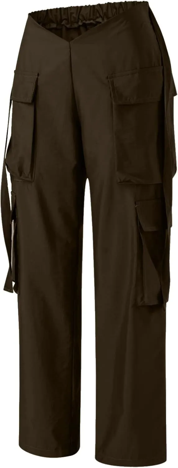 YOLAI Woman V Crosseed Baggy Cargo Pant Streetwear Hip Hop Overalls Trousers High Waist Joggers Sweatpants with Pockets (Brown, S)