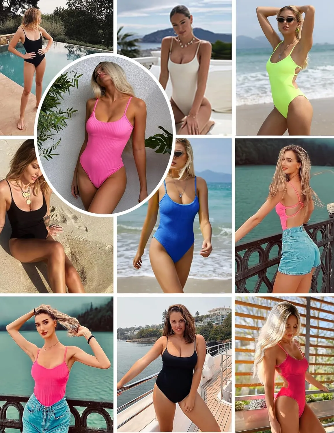 ZAFUL Women's One Piece Swimsuit Ribbed Open Back Bathing Suit Tummy Control Scoop Neck Adjustable Straps High Cut Swimwear